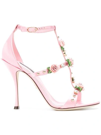 Shop Dolce & Gabbana Satinsandalen Mit Rosenapplikationen - Rosa In Pink