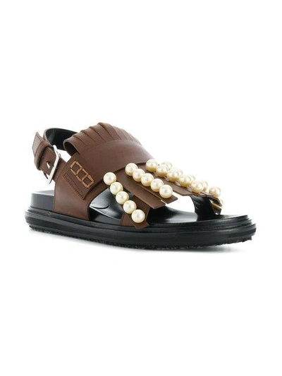 Shop Marni Beaded Fringed Sandals In Brown