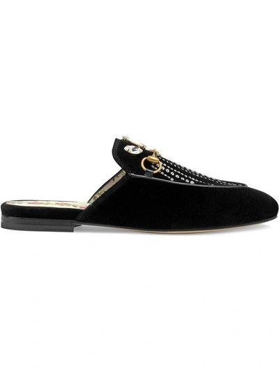 Shop Gucci Princetown Velvet Slipper With Crystals