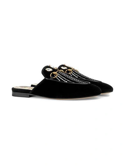 Shop Gucci Princetown Velvet Slipper With Crystals