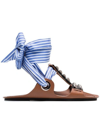 Shop Prada Brown Gladiator Sandals With Studs And Black Ribbon And A Blue And White Striped Ribbon
