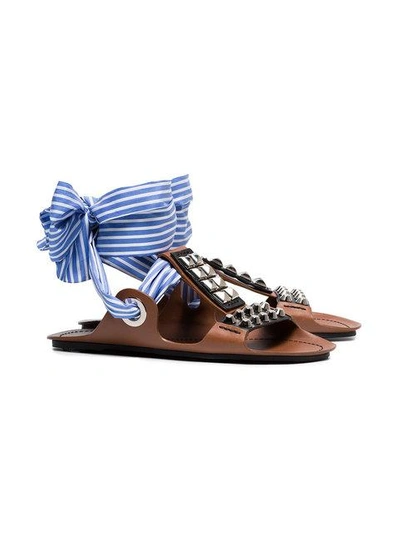 Shop Prada Brown Gladiator Sandals With Studs And Black Ribbon And A Blue And White Striped Ribbon