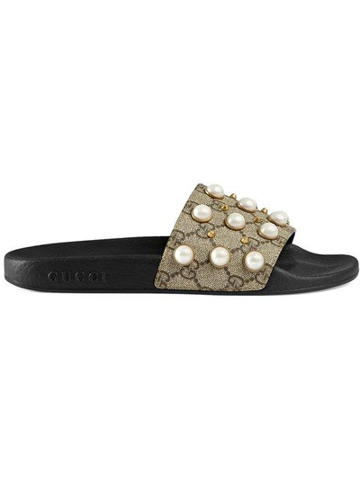 Shop Gucci Gg Supreme Slide With Pearls In Brown ,black