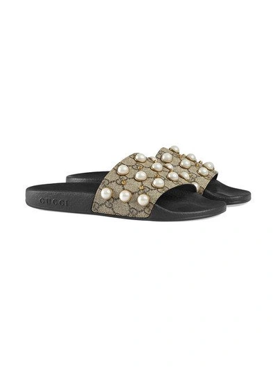 Shop Gucci Gg Supreme Slide With Pearls In Brown ,black