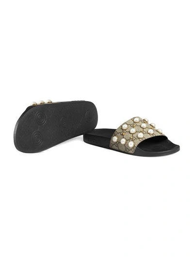 Gucci Pursuit Imitation Pearl Embellished Slide Sandal In Beige / Ebony |  ModeSens