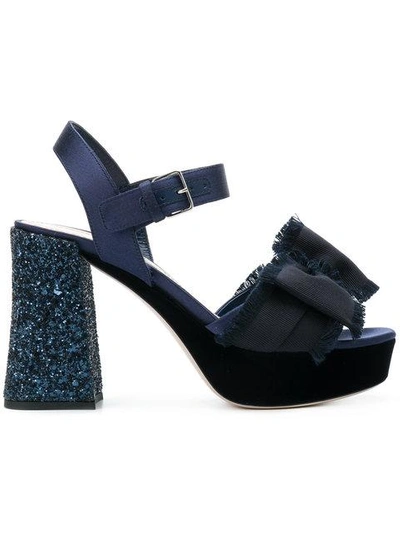 Shop Miu Miu Glitter Heel Bow Sandals In Blue