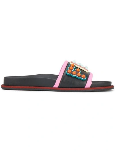 Shop Fendi Studded Logo Leather Slides In Black