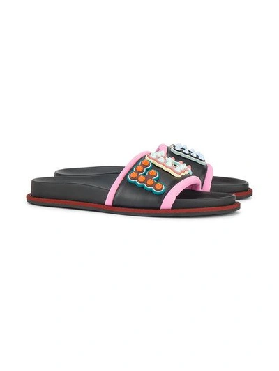 Shop Fendi Studded Logo Leather Slides In Black