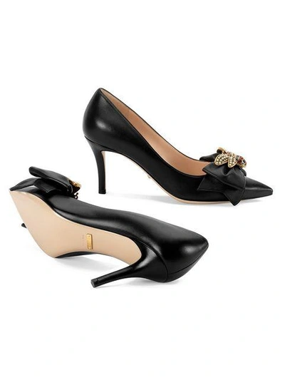 Shop Gucci Leather Mid-heel Pump With Bow In Black