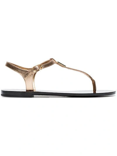 Shop Dolce & Gabbana Metallic Gold Logo Leather Sandals In 87498