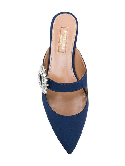 Shop Aquazzura Embellished Buckle Mules In Blue