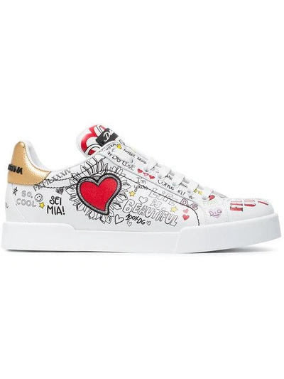 Shop Dolce & Gabbana White Graffiti Heart Print Leather Sneakers