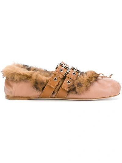 Shop Miu Miu Buckled Furry Ballerinas - Neutrals