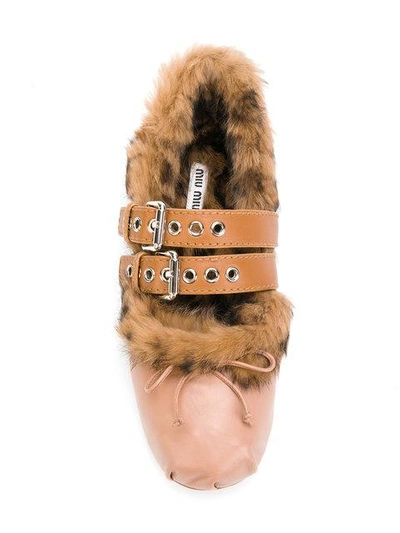 Shop Miu Miu Buckled Furry Ballerinas - Neutrals