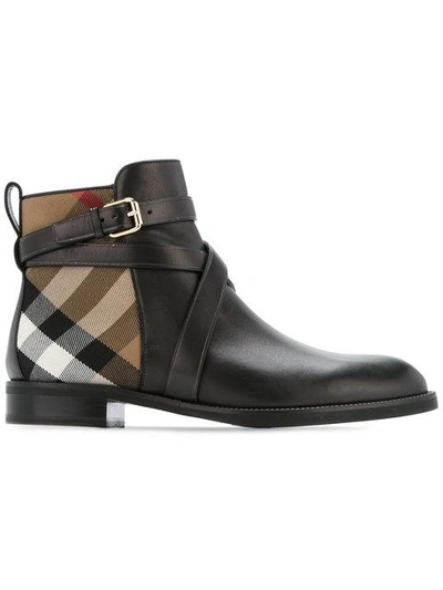 Shop Burberry Strap Detail House Check And Leather Ankle Boots In Black