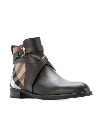 Shop Burberry Strap Detail House Check And Leather Ankle Boots In Black