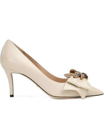 Shop Gucci Leather Mid-heel Pump With Bow - White