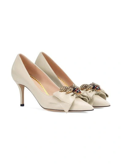 Shop Gucci Leather Mid-heel Pump With Bow - White