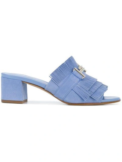 Shop Tod's Fringed Block Heel Mules In Blue