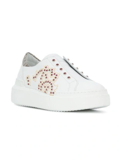 Shop Roberto Cavalli Crystal Embellished Slip-on Sneakers In White