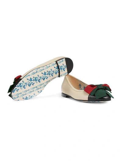 Shop Gucci Leather Ballet Flat With Web Bow In Neutrals