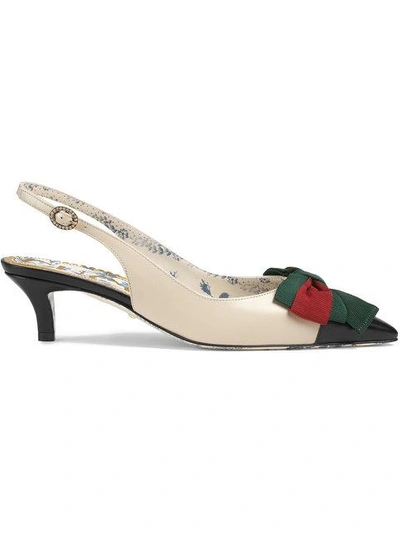 Shop Gucci Leather Sling-back Pump With Web Bow In White