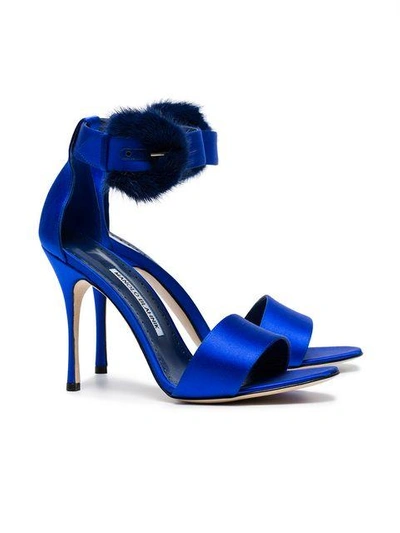 Shop Manolo Blahnik Blue Trespola 105 Satin Fur Sandals