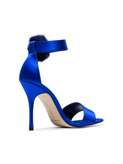 Shop Manolo Blahnik Blue Trespola 105 Satin Fur Sandals