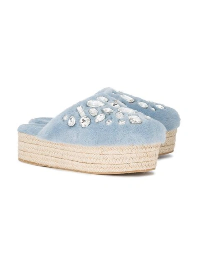 Shop Miu Miu Blue Shearling Crystal 45 Flatform Mules