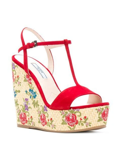 Shop Prada Floral Woven Wedge Sandals - Red