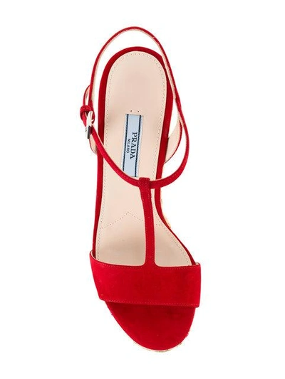 Shop Prada Floral Woven Wedge Sandals - Red