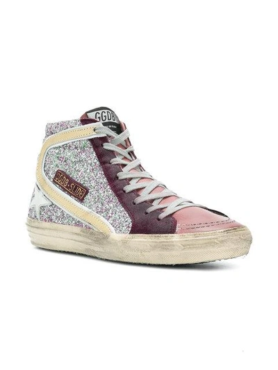 Shop Golden Goose Slide Sneakers In T7 Cyclamin Glitter-white Star