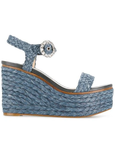 Shop Jimmy Choo Raffia Wedge Sandals In Blue