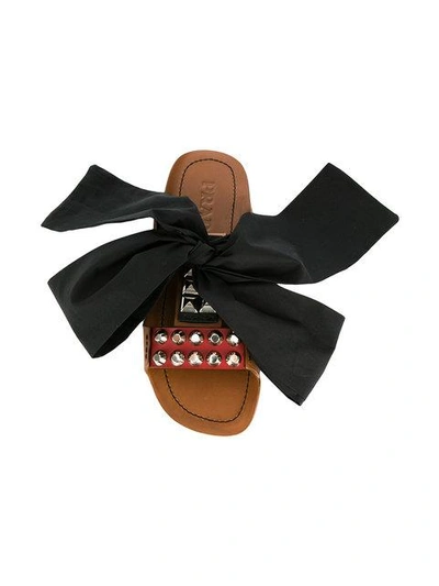 Shop Prada Bow Detail Slides In Brown