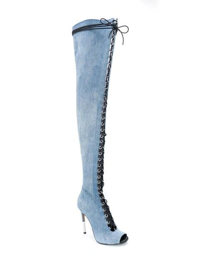 Balmain Campbell Lace-up Faded Denim Thigh Boots In Blue | ModeSens