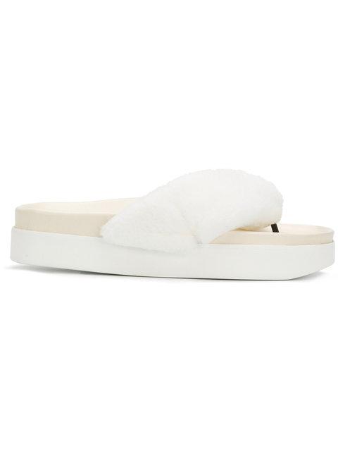 white fur flip flops