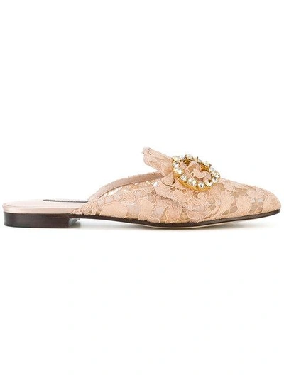 Shop Dolce & Gabbana Lace Buckle Slippers In Neutrals