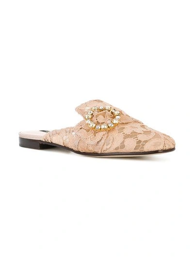 Shop Dolce & Gabbana Lace Buckle Slippers In Neutrals