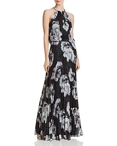 Shop Avery G Floral Pleated Chiffon Gown In Black/white