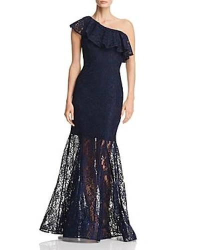 Shop Avery G One-shoulder Lace Gown In Navy