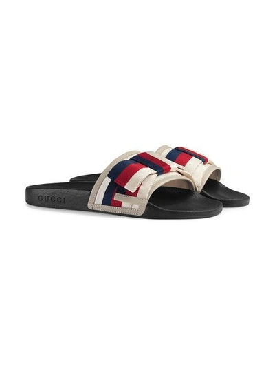 Shop Gucci Satin Slides With Sylvie Bow In White