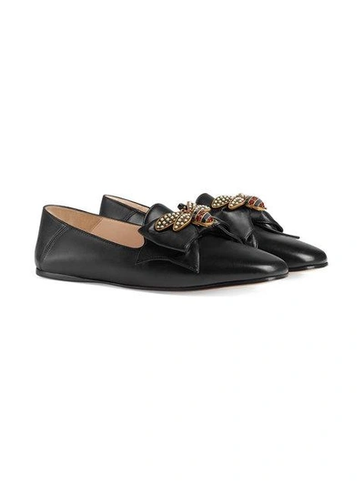 Shop Gucci Leather Ballet Flat With Bow In Black