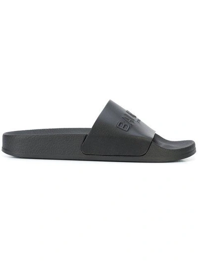 Shop Balmain Embossed Logo Slides In Black