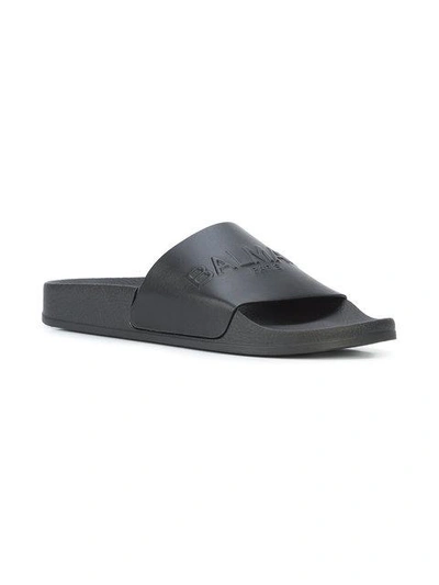 Shop Balmain Embossed Logo Slides In Black