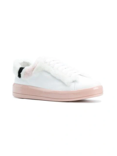 Shop Prada Fur Embellished Lace-up Sneakers - White