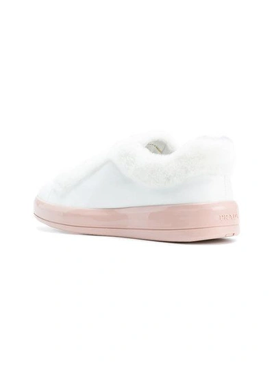 Shop Prada Fur Embellished Lace-up Sneakers - White