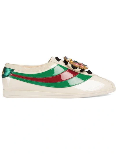 Shop Gucci Falacer Patent Leather Sneakers With Web - White