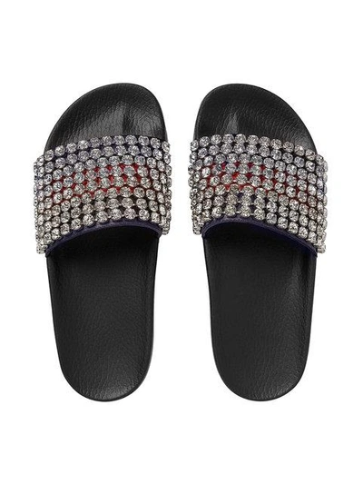 Shop Gucci Black Crystal Web Slides In Blue