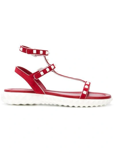 Shop Valentino Flat Rockstud Sandals - Red