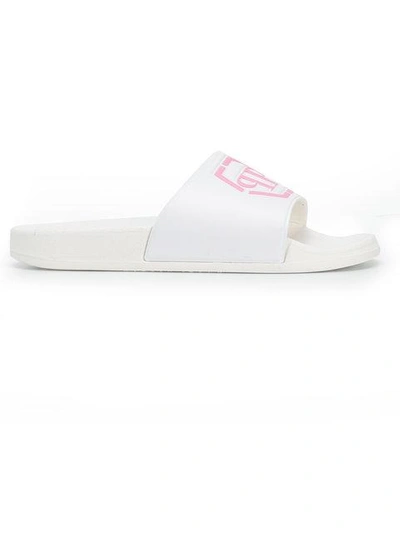 Shop Philipp Plein Front Logo Slippers In 03 White/ Pink